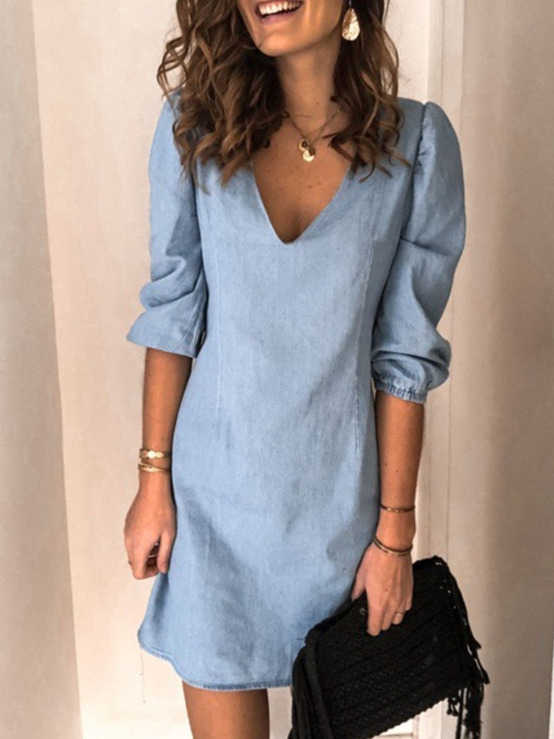 Full Size V-Neck Half Sleeve Dress - blue yonderz