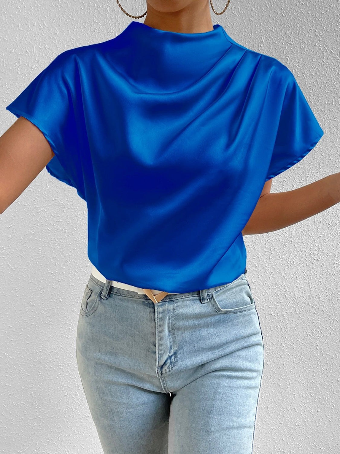 Ruched Mock Neck Short Sleeve Blouse - blue yonderz