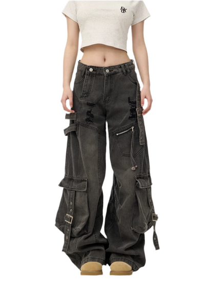 Heavy Washed Ripped Cargo Jeans