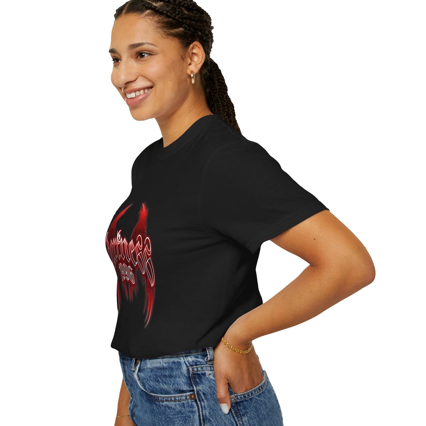 Darkness 1996 Gothic Graphic T-Shirt with Red Accents