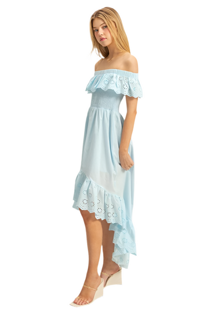 High-Low Eyelet Ruffled Off-Shoulder Dress