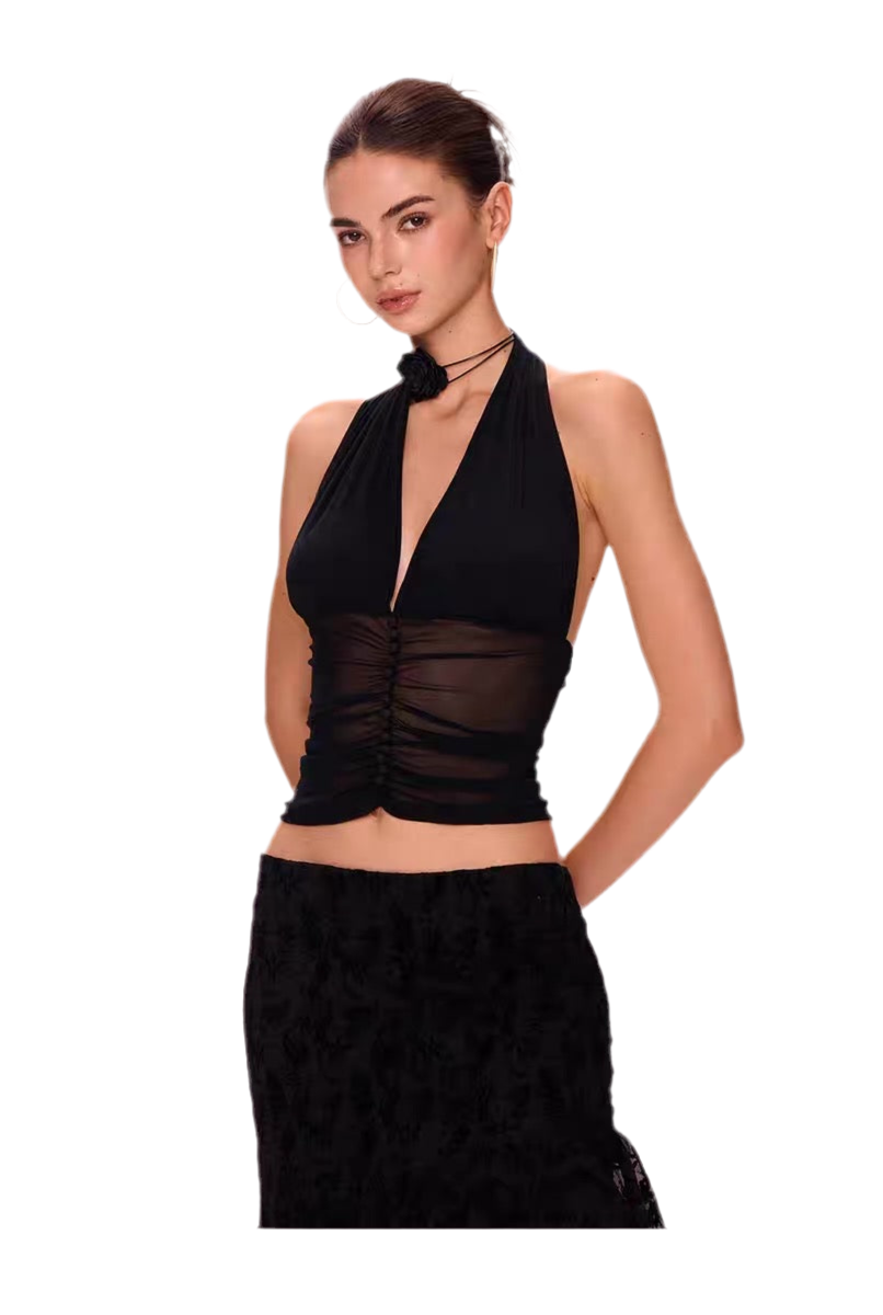 Chic Buttoned Halter Mesh Camisole