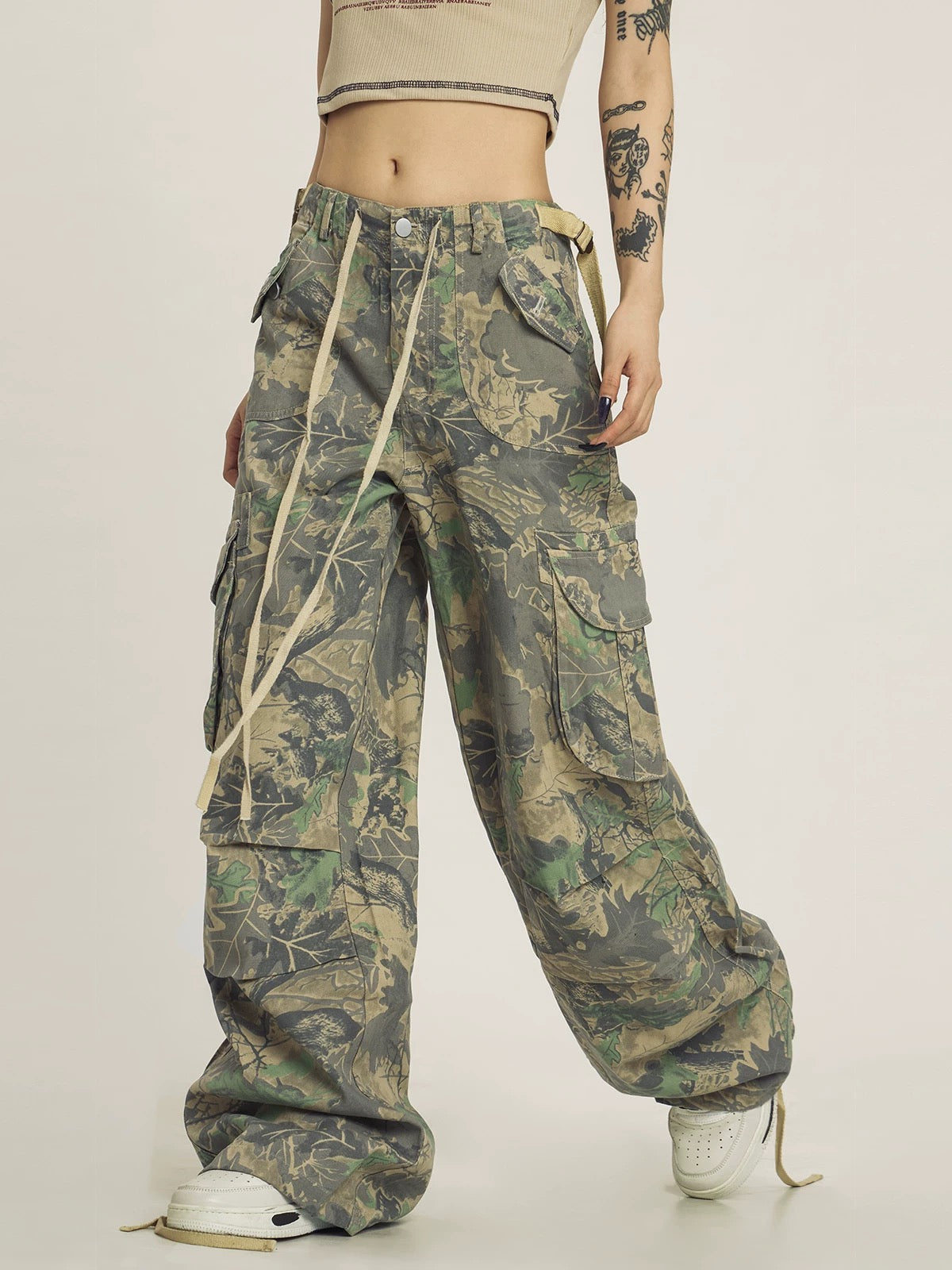 Women's Wide-Leg Cargo Overalls – High-Waist Camouflage Pants