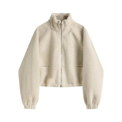 Cozy Drawstring Cropped Fleece Zip Jacket
