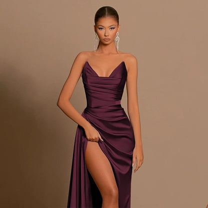 Satin Ruched Thigh-High Slit Maxi Dress