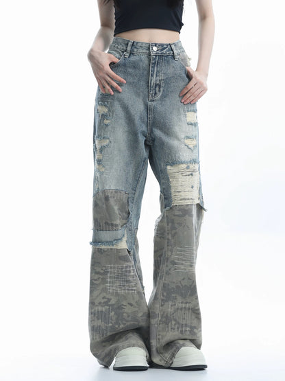 Patchwork Wide-Leg Camouflage Jeans