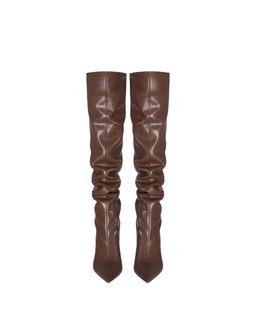 Coffee Brown Pleated Stiletto Knee Boots