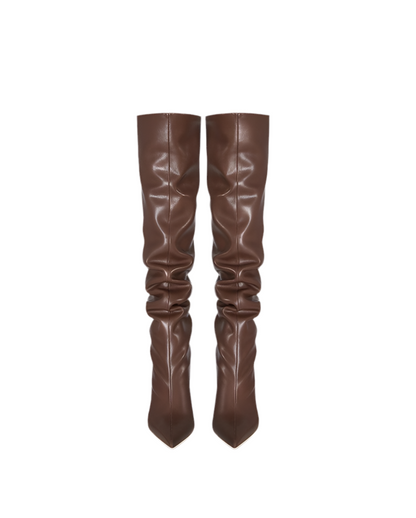 Coffee Brown Pleated Stiletto Knee Boots