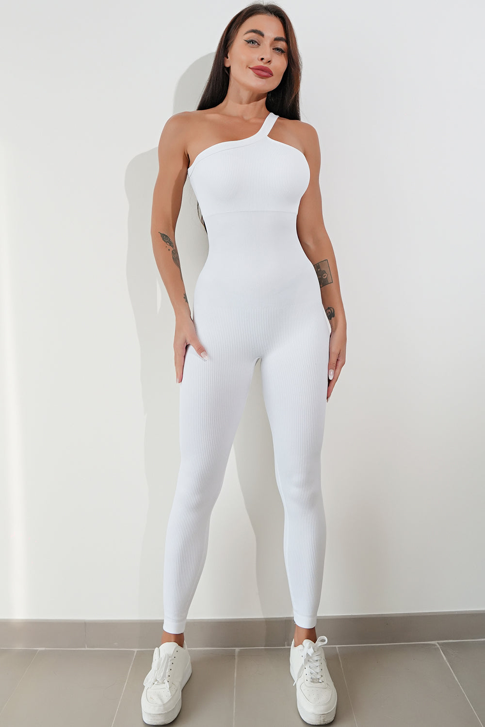 Asymmetrical Neck Wide Strap Active Jumpsuit – Sleek, Stretchy, and Stylish for Yoga, Workout, or Casual Wear