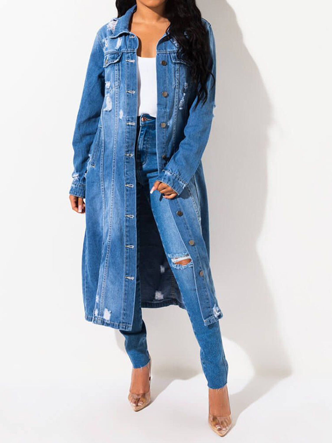 Long Sleeve Raw Hem Denim Jacket - blue yonderz