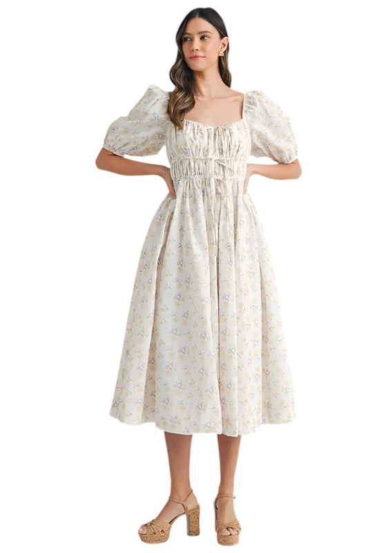 Floral Drawstring Puff Sleeve Midi Dress
