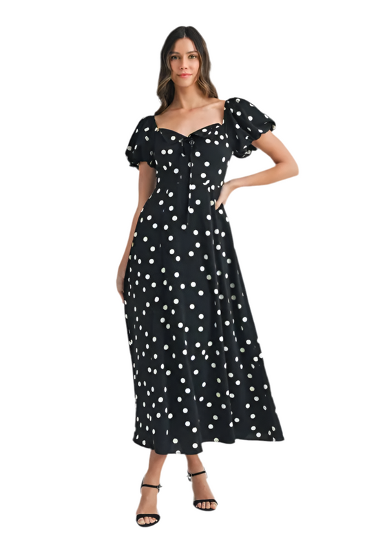 Polka Dot Puff Sleeve Midi Dress