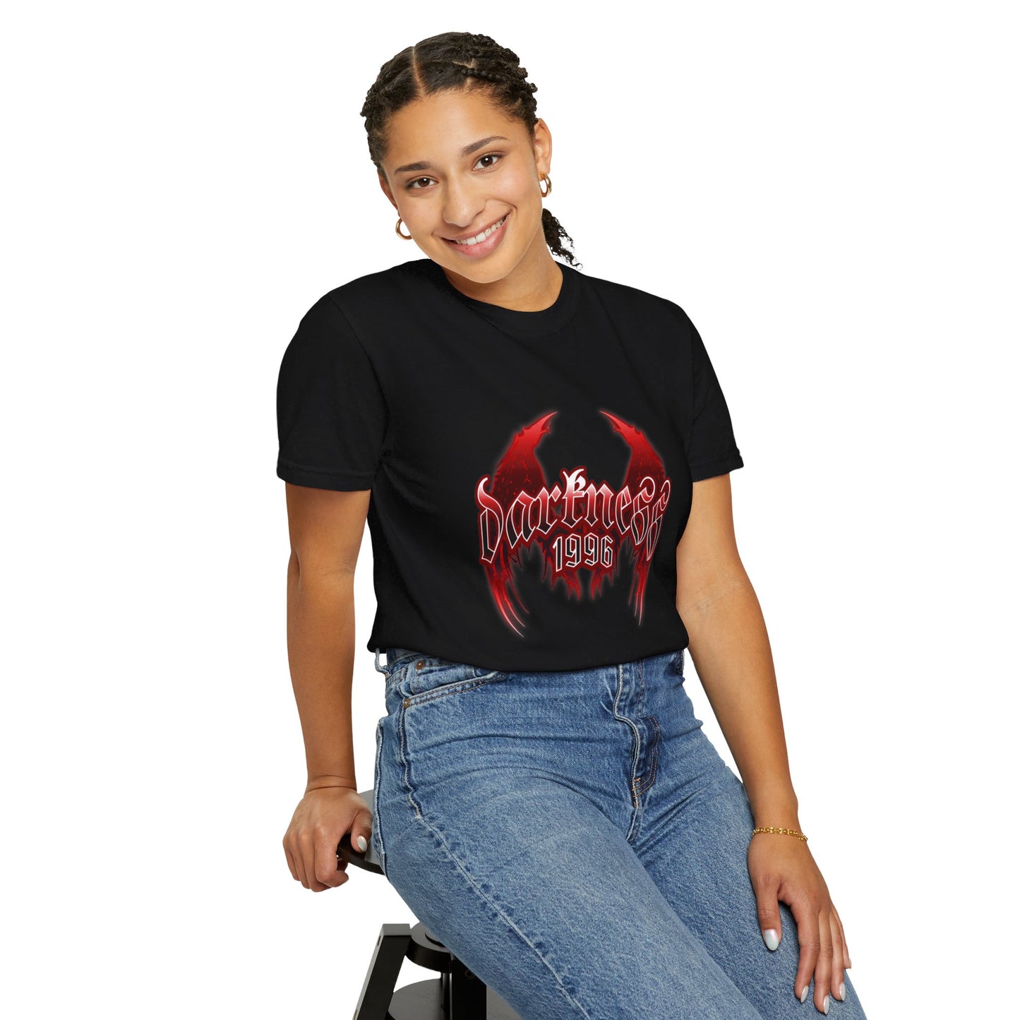 Darkness 1996 Gothic Graphic T-Shirt with Red Accents