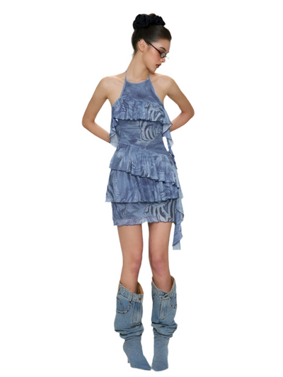 Blue Printed Asymmetrical Resort Dress