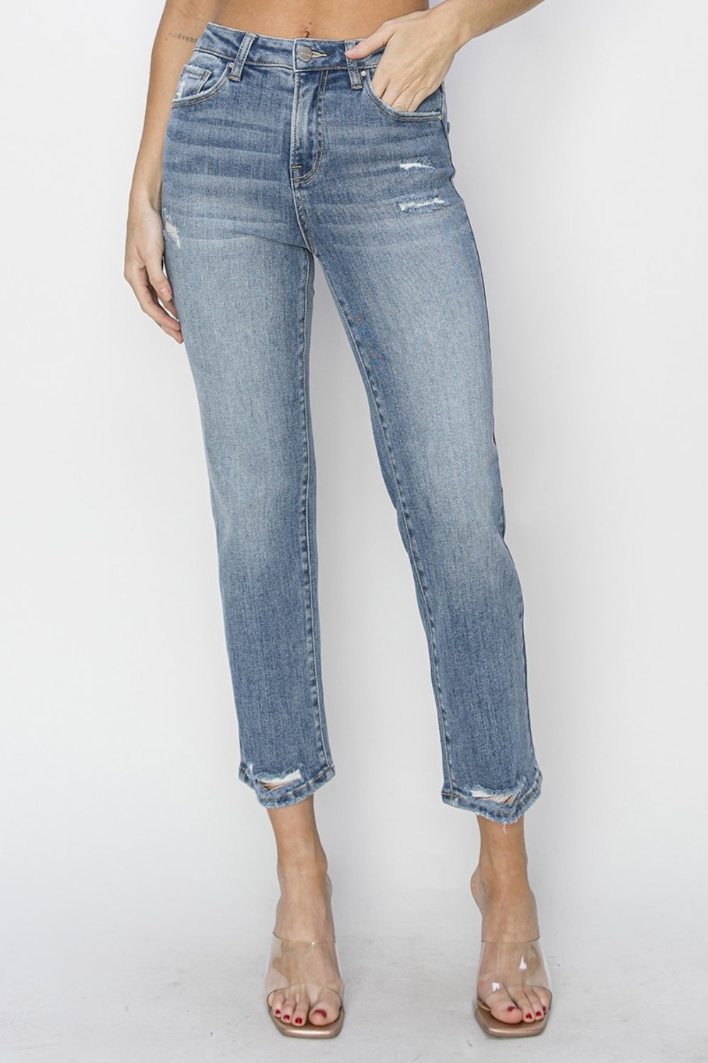 RISEN Full Size High Waist Distressed Cropped Jeans Trendsi