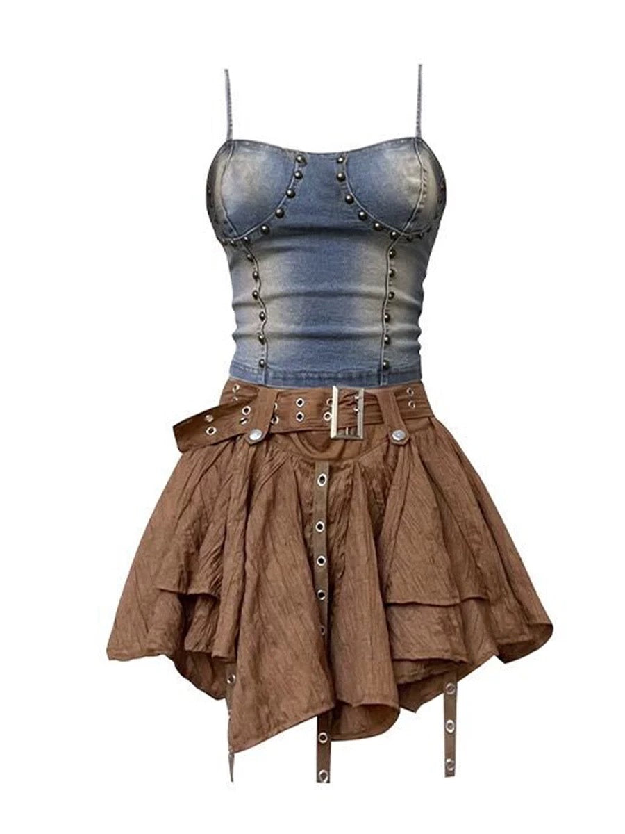 Denim Top & Ruffle Skirt Set