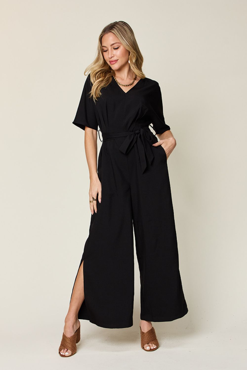 Double Take Full Size V-Neck Tie Front Short Sleeve Slit Jumpsuit - bllue yonders