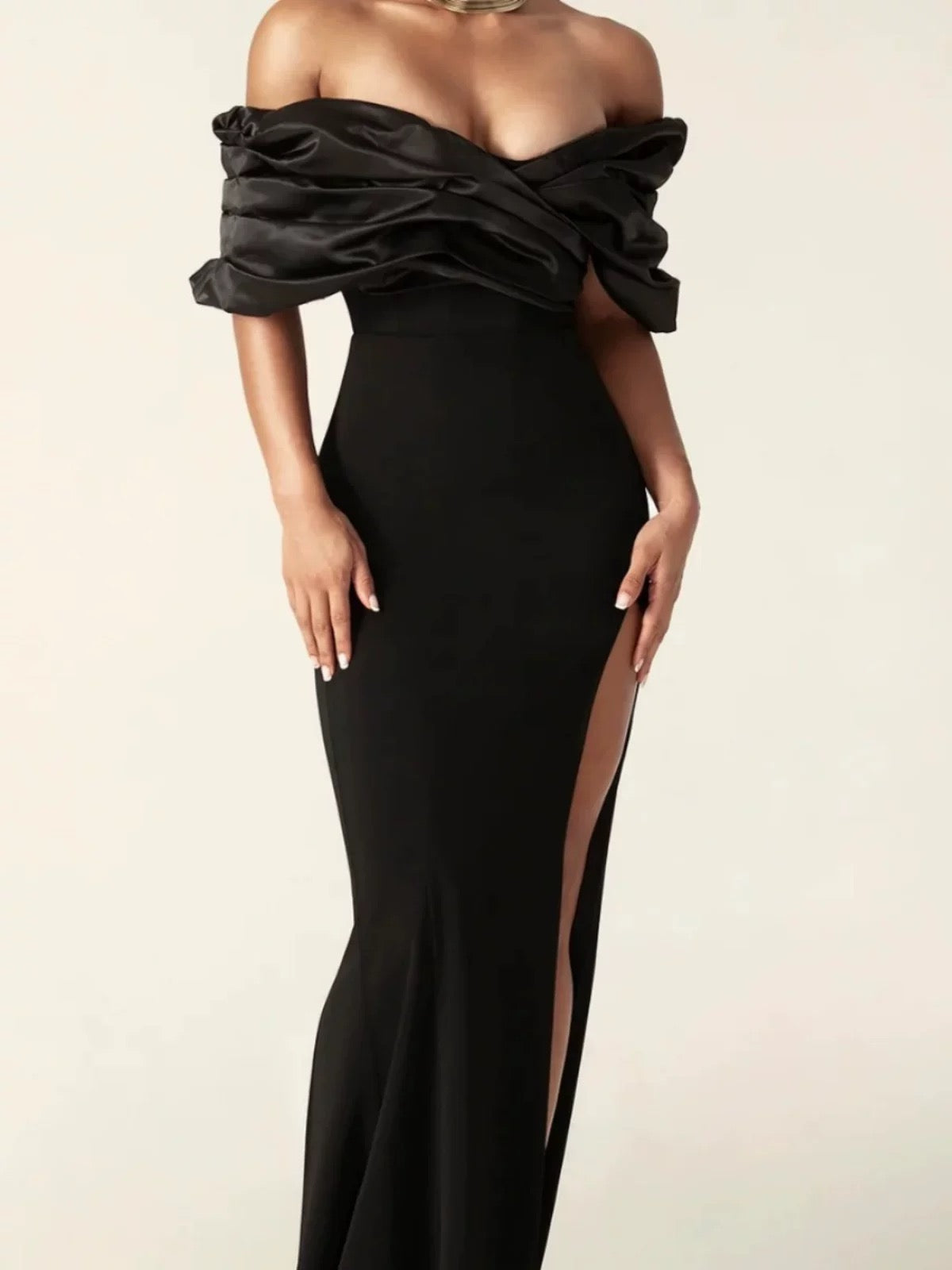 Off-Shoulder Draped Satin Slit Gown