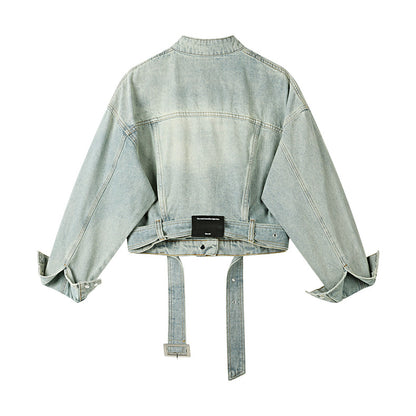 High-Waist Blue Denim Motorcycle Jacket