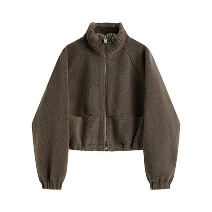 Cozy Drawstring Cropped Fleece Zip Jacket