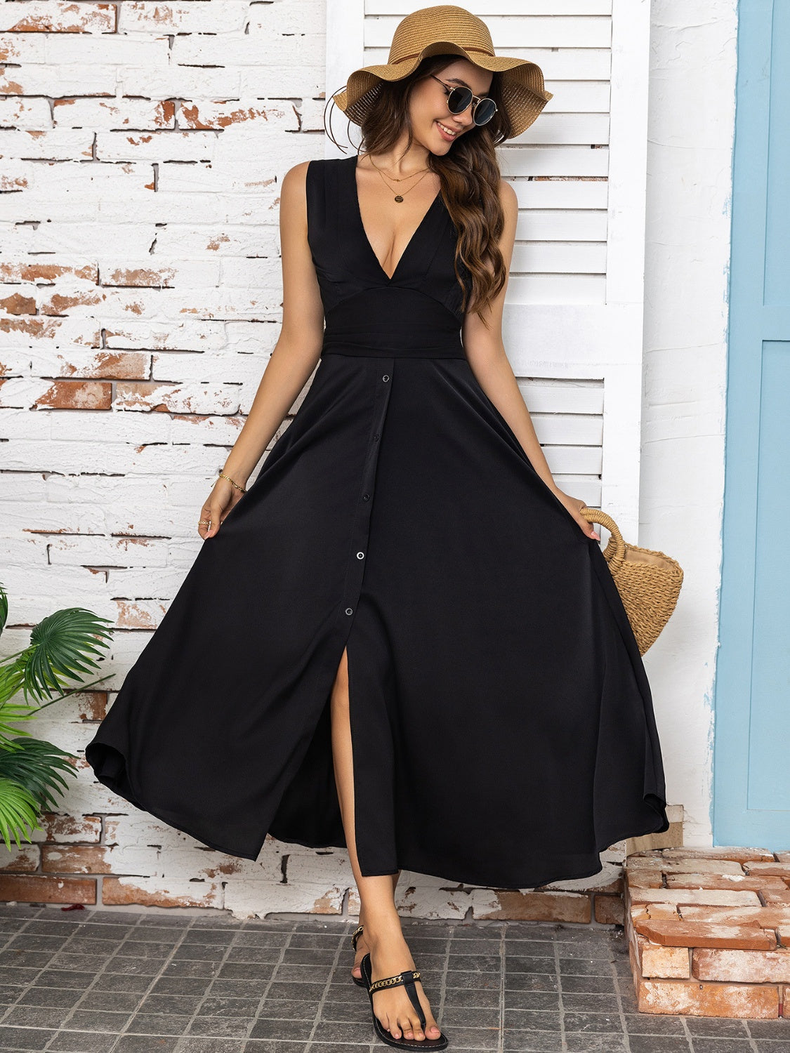 Full Size Slit V-Neck Sleeveless Midi Dress - bllue yonders