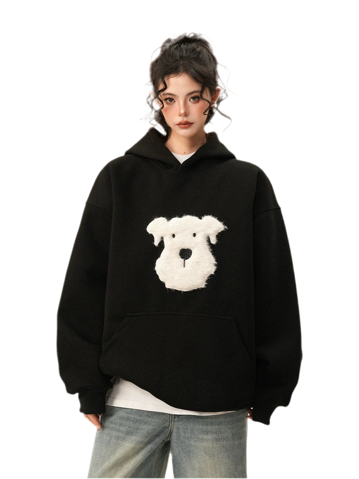 Oversized Plush Puppy Graphic Hoodie
