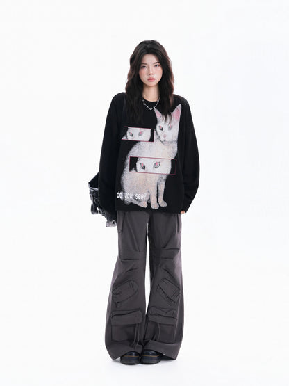 Retro Cat Vibes Oversized Crewneck