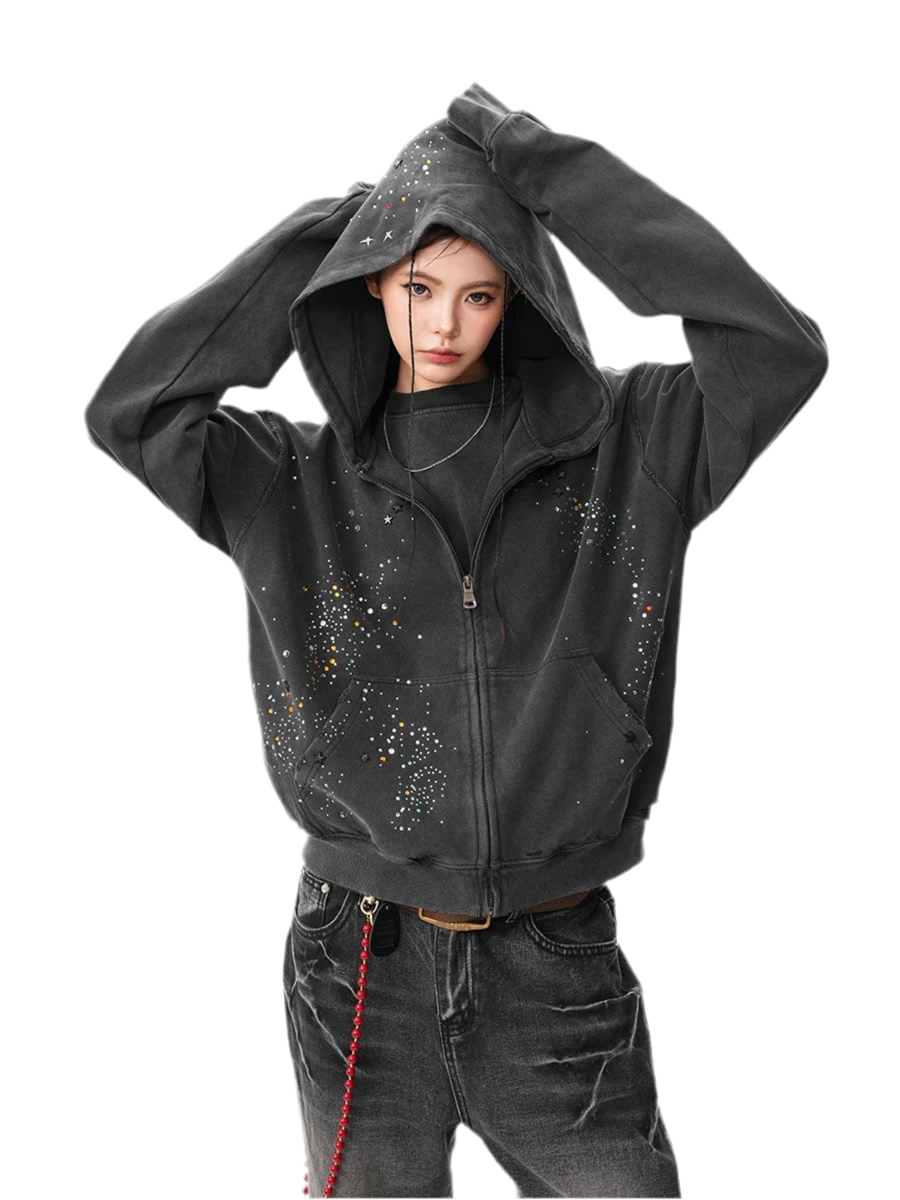 Black Starlit Splatter Zipper Hoodie