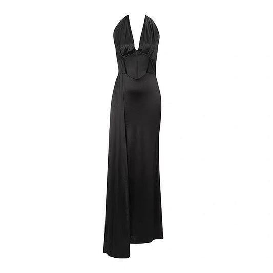 Deep V Halter High Slit Prom Dress