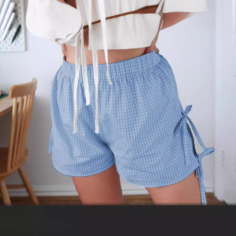 Y2g Women's Retro Plaid Lace-up Loose Shorts - blue yonderz