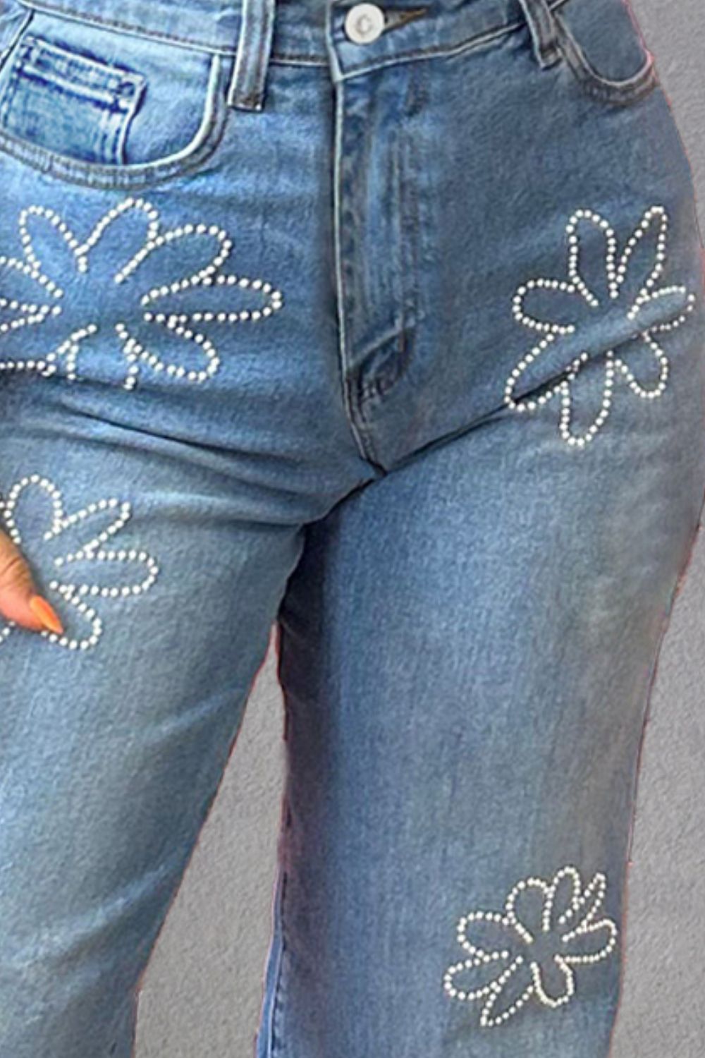 Rhinestone Straight Jeans with Pockets - blue yonderz