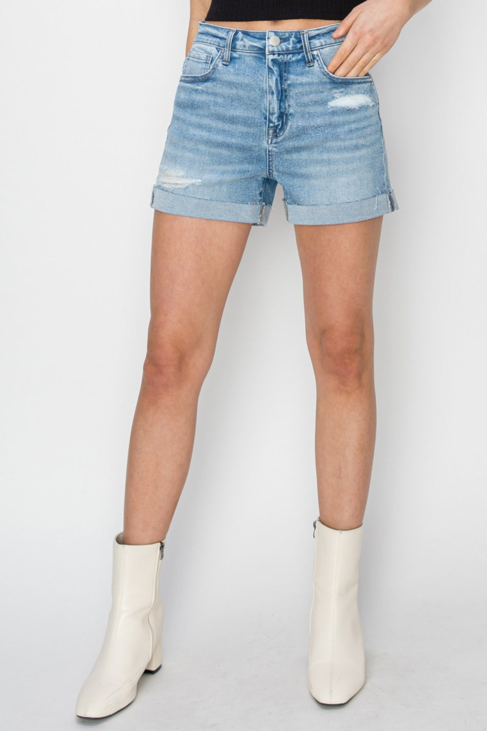 RISEN Distressed Mid-Rise Waist Denim Shorts - blue yonderz