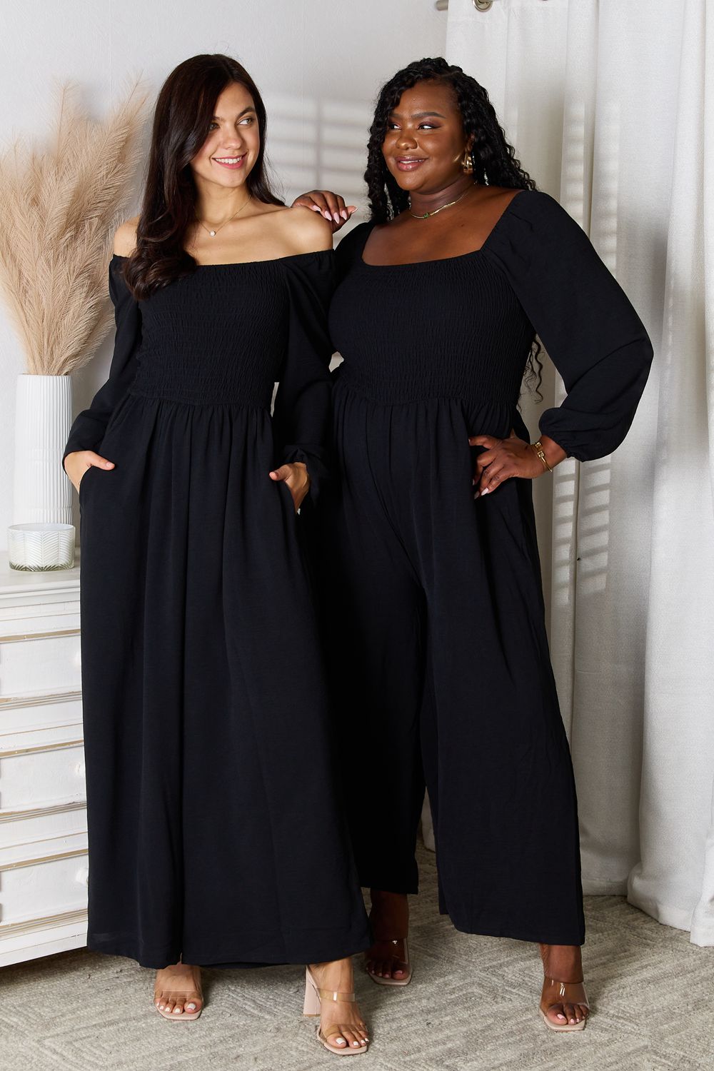 Double Take Square Neck Jumpsuit with Pockets - bllue yonders