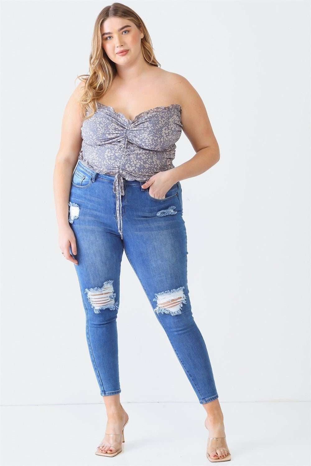 Zenobia Plus Size Drawstring Smocked Floral Tube Top - bllue yonders