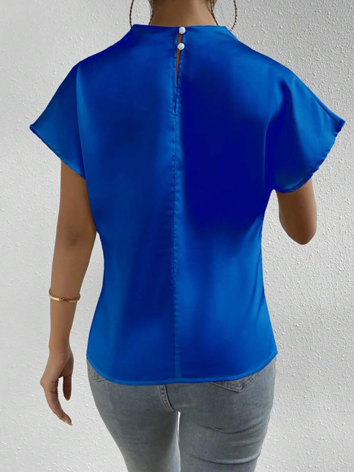 Ruched Mock Neck Short Sleeve Blouse - blue yonderz