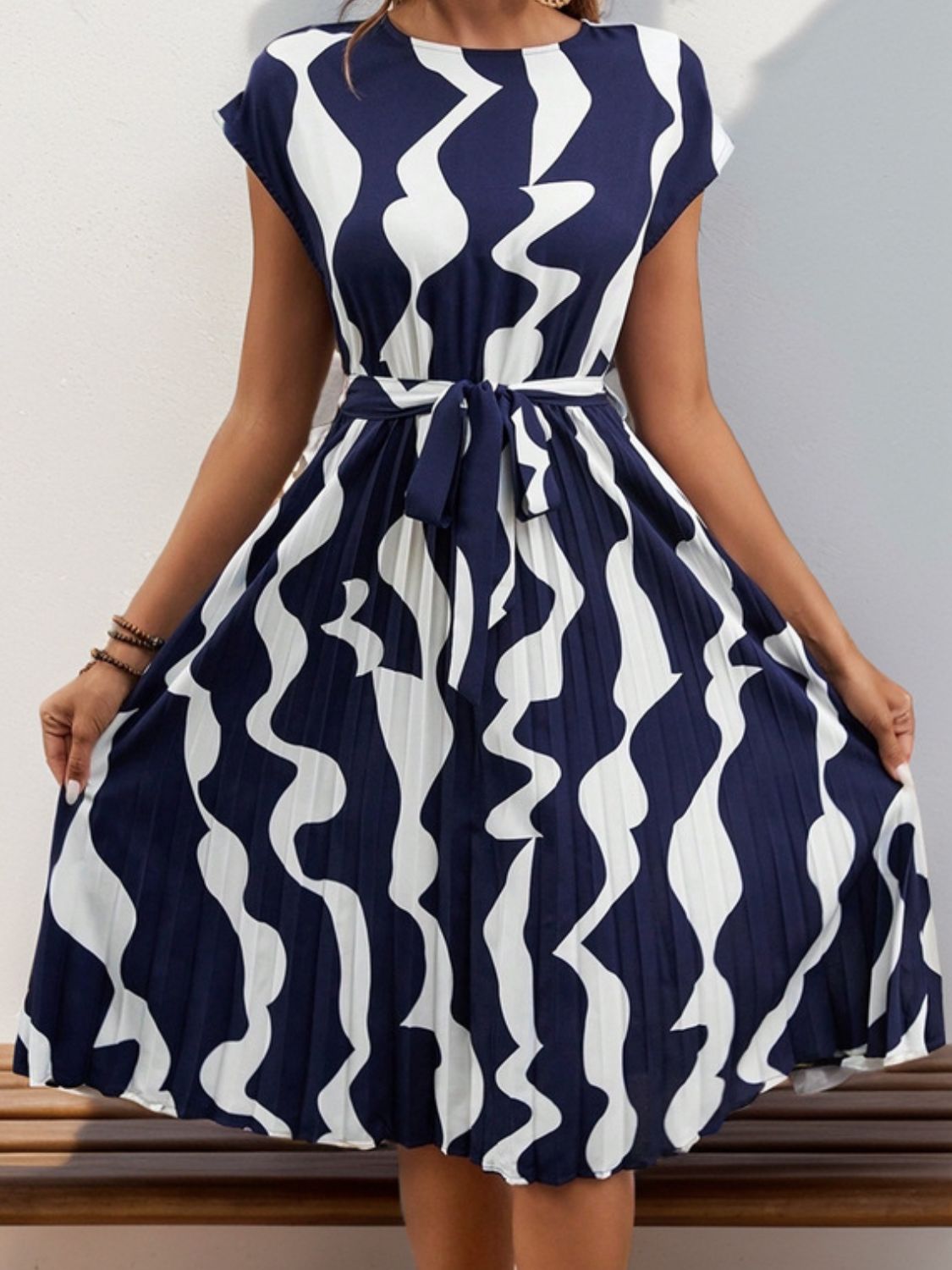 Tied Pleated Printed Cap Sleeve Dress - bllue yonders