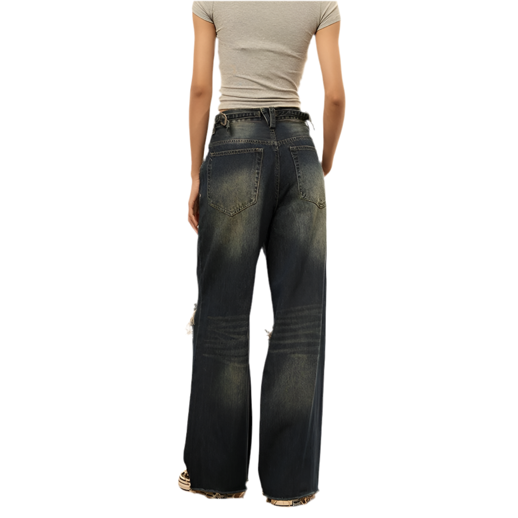 Vintage Blue Rip-Knee Wide Denim Jeans
