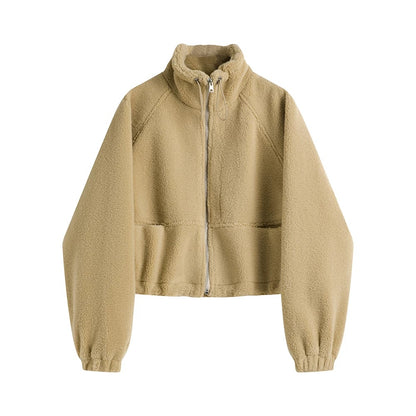 Cozy Drawstring Cropped Fleece Zip Jacket