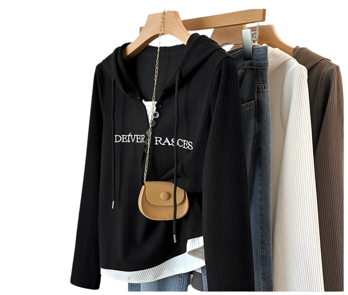 Layered Hem Graphic Text Hooded Sweater