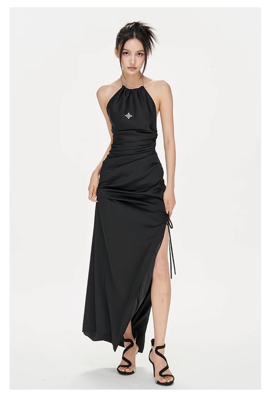 Backless Halter Satin Maxi Dress