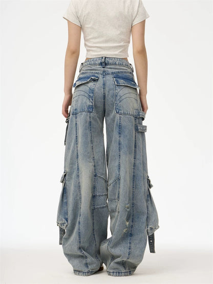 Heavy Washed Ripped Cargo Jeans