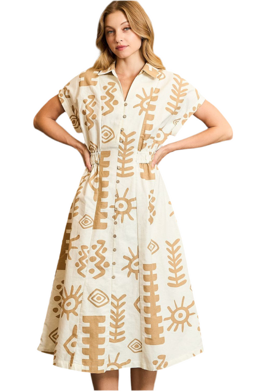 Print Elastic Waist Midi Dress