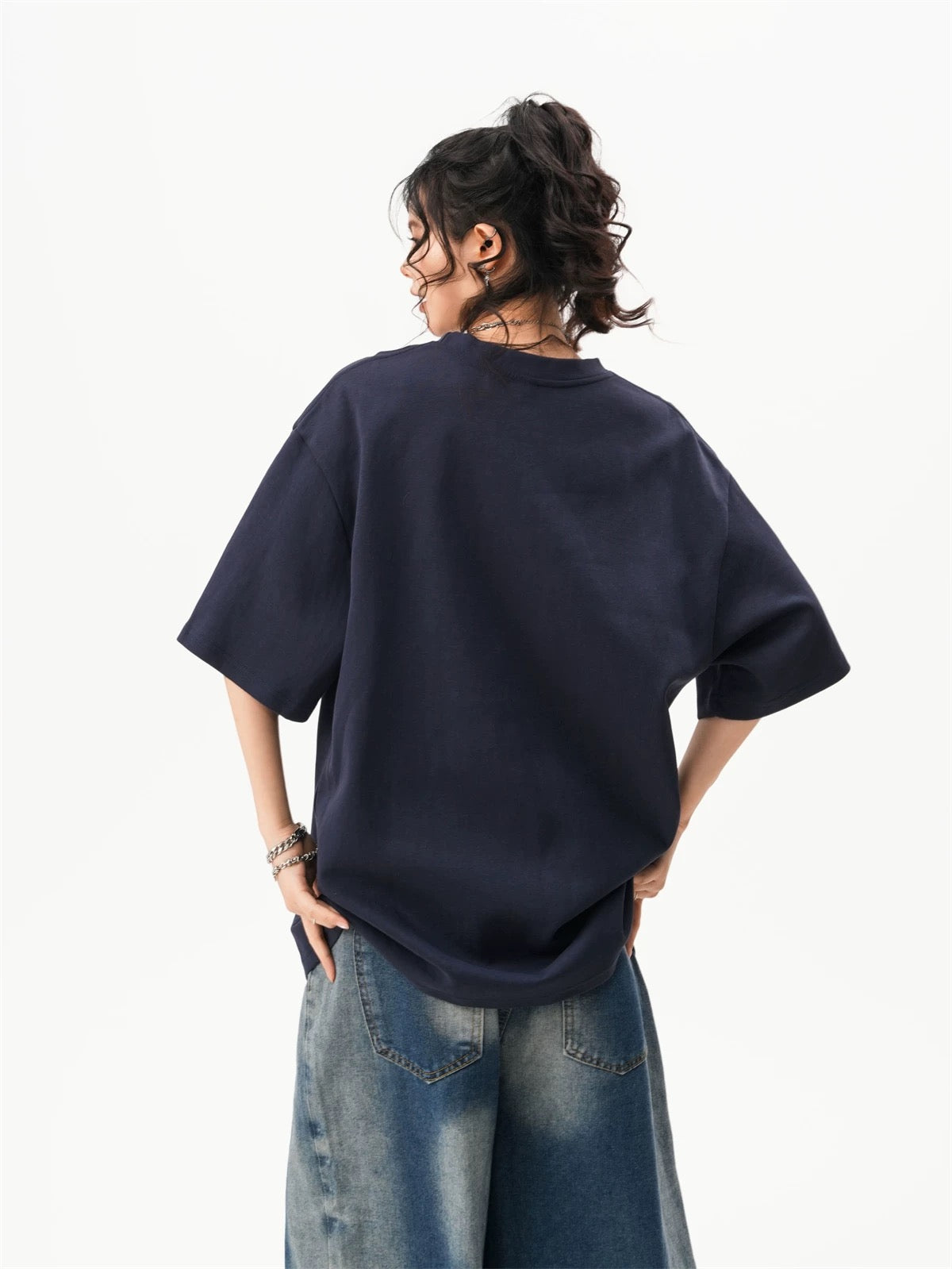 Navy Blue Graphic Tee Casual Loose Fit