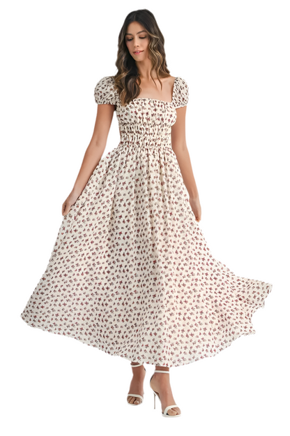 Floral Print Puff Sleeve Midi Dress