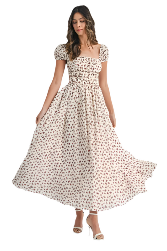 Floral Print Puff Sleeve Midi Dress