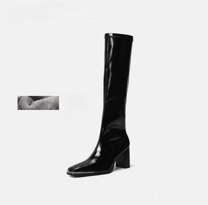 Glossy Patent Leather Block Heel Boots