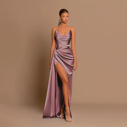Satin Ruched Thigh-High Slit Maxi Dress