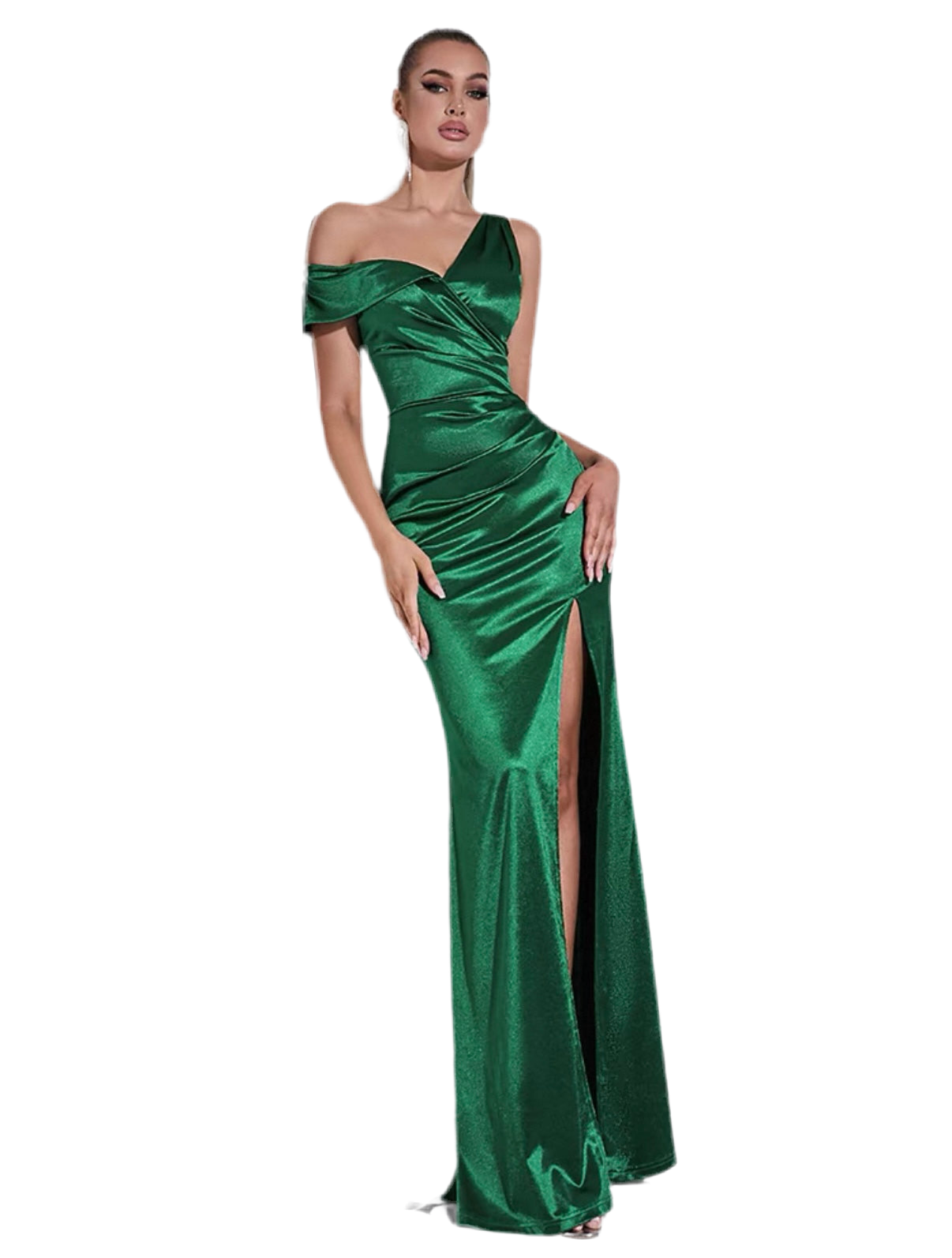 One-Shoulder Thigh-Slit Satin Dress
