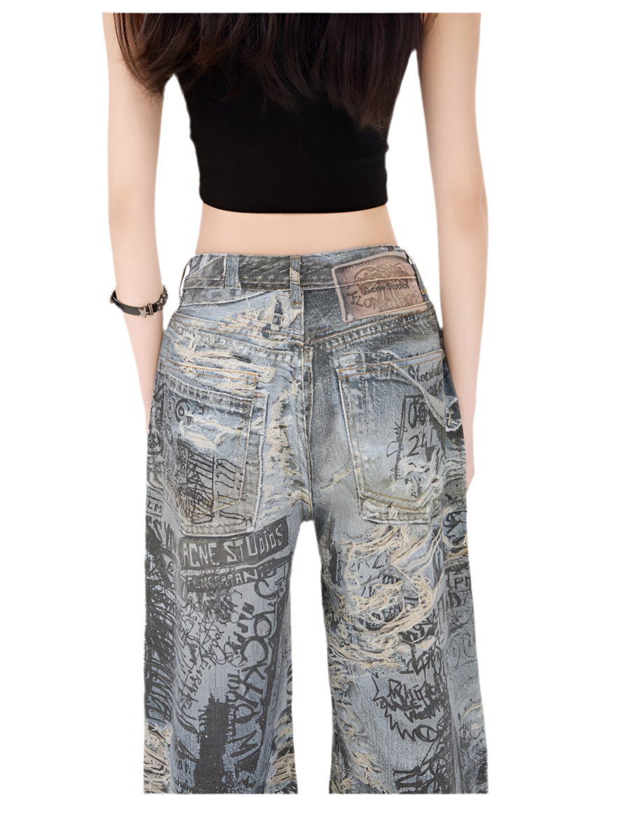 Ripped Oversized Graffiti Print Denim