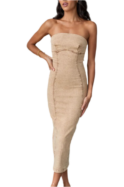Washed Slit Back Tube Denim Dress